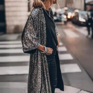 Damen glitzernde Pailletten lange Cardigan Mantel, stilvolle offene Oberbekleidung Party.