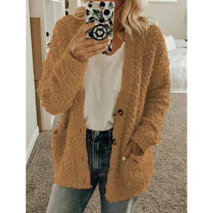Women Fall Winter Casual Fuzzy Teddy Cardigan Open Front Long Sleeve Pocket Outerwear Tops