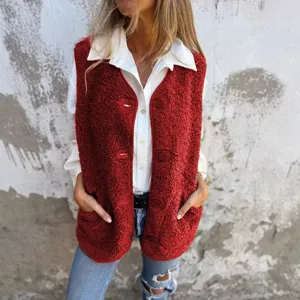 2024 Autunno Inverno Donna Gilet Pile Rosso Bottoni Giacca Senza Maniche Cappotto