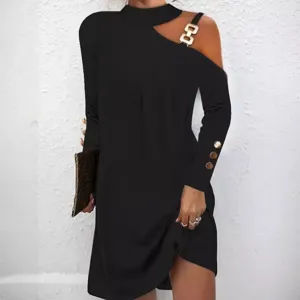 Women's Casual Long Sleeve Halter Neck Midi Dress Solid Color Elegant Metal Buckle Single-Breasted Straight Fit Dress