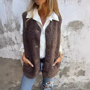 Donna gilet marrone in pile con bottoni autunno inverno sherpa giacca smanicata casual
