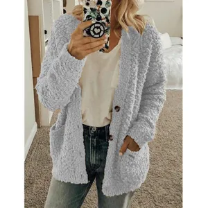 Women grey teddy fleece cardigan sweater casual oversized fuzzy jacket with pockets.