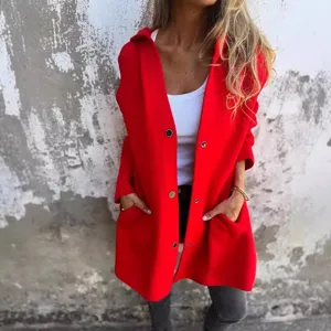 Red casual fleece wool blend coat for women featuring front button closure and deep pockets.