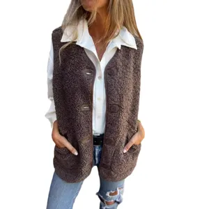 Donna marrone sherpa pile bottone gilet giacca cappotto autunno inverno casual caldo senza maniche
