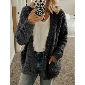 Stylish women's fuzzy teddy fleece cardigan jacket with open front and pockets for autumn.