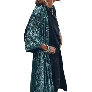 Damen glitzernd Pailletten langer Cardigan Kimono offene Vorderseite Party Jacke Mantel