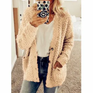 Women fuzzy fleece cardigan winter warm open front sweater coat casual outerwear detail view