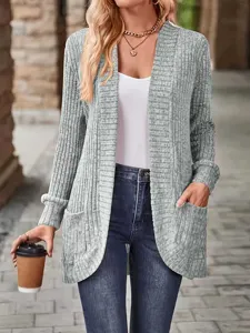 Grey ribbed knit cardigan long sleeve for women, casual open front sweater detail view.