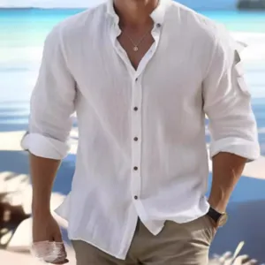 Detail shot of white linen long sleeve shirt with buttons and classic stand collar for men.