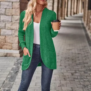 Green ribbed knit cardigan long sleeve casual outerwear for women autumn fashion wear