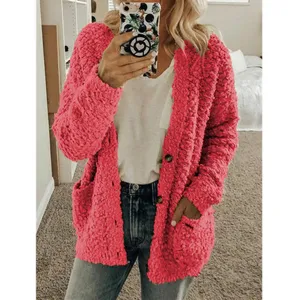 Women fuzzy fleece cardigan sweater open front chunky knit outerwear with pockets pink