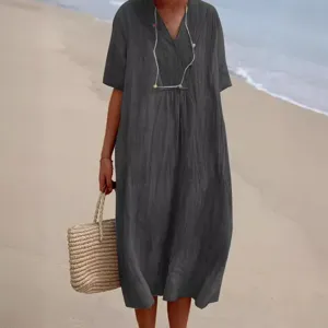 Women's Casual V-Neck Loose Beach Dress Mid-Sleeve Solid Color Summer Daily Wear Outfit