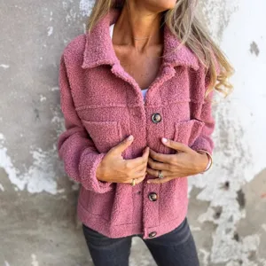 Women casual lapel fleece jacket winter warm teddy coat button down stylish outerwear