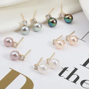 Klassische Süßwasserperlen Ohrstecker mit Zirkonia, elegante mehrfarbige Ohrringe für Damen.