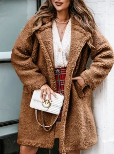 Stylish brown teddy fleece lapel coat for women, perfect autumn winter fashion outerwear.