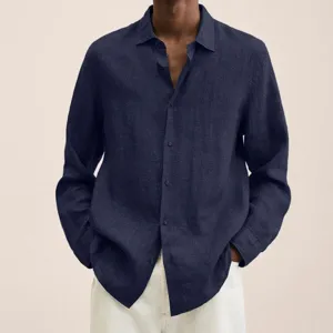 Men's Casual Long Sleeve Linen Cotton Shirt Breathable V-Neck Button Down Tops