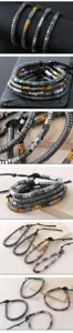 Close-up details of multi-layer geometric faceted bead bracelets with adjustable pull design.