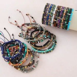 Bracciale Geometrico Cilindrico in Pietra Naturale Ematite Per Donna Uomo Braccialetto Regolabile Con Coulisse in Corda Intrecciata Gioielli Fatti a Mano