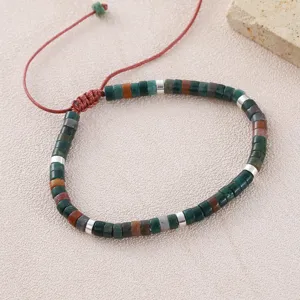 Natural African Pine Stone Cylindrical Flat Bead Bracelet With Stainless Steel Spacer Beads Adjustable Braided Rope Men Jewelry Gift