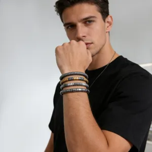 Vintage Stainless Steel Geometric Hematite Bracelet For Men Adjustable Hexagonal Faceted Spacer Bead Stackable Bracelet Jewelry