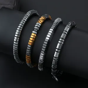 Men stainless steel geometric faceted hematite stacked bracelet retro adjustable set