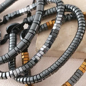 Men's vintage geometric faceted hematite and metal spacer adjustable pull bracelet set