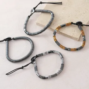 Geometric cut hematite beaded adjustable braided rope charm bracelets set for men women.