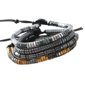 Mens multi-layer faceted hematite beaded bracelet with adjustable black cord geometric style
