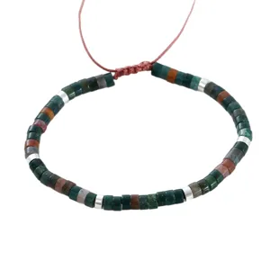 Natural stone beaded bracelet for men with adjustable woven cord and stainless steel spacers