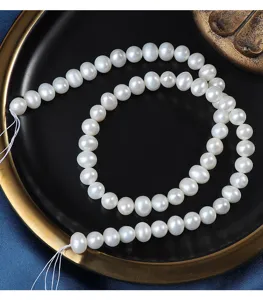 Filo di perle d'acqua dolce naturali, perle bianche ovali lisce da 7 mm per gioielli fai.
