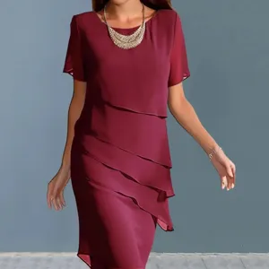 Detailed view of the elegant burgundy layered chiffon short sleeve summer dress for women.