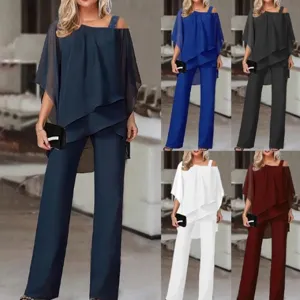 Casual loose solid color irregular two-piece chiffon outfit detail view, stylish apparel.