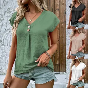 Women v neck short sleeve button solid color casual loose top summer fashion chic tee