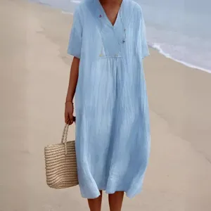 Casual light blue V-neck midi dress, loose fit short sleeve casual beach dress for daily wear.