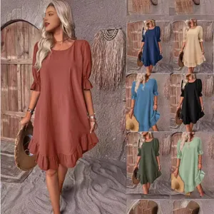Casual solid color loose midi dress with ruffle short sleeves, comfortable everyday wear style.