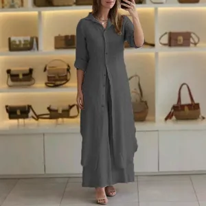 Detail view of the casual solid color long sleeve button down tunic top and pants set.
