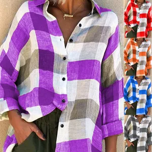 Women Casual Plaid Long Sleeve Button Down Shirt Loose Fit Checkered Blouse Top with Variants