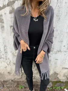 Stylish imitation mink fleece fringed cape shawl, solid color warm batwing winter top.