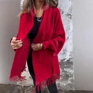 Women red faux mink fur cape shawl fringe warm batwing winter poncho fashion outerwear