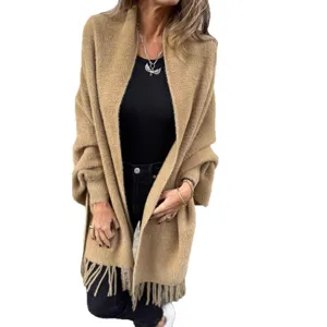 2026 Autumn Winter Women Faux Mink Fleece Cape Tassel Shawl Solid Thickened Warm Batwing