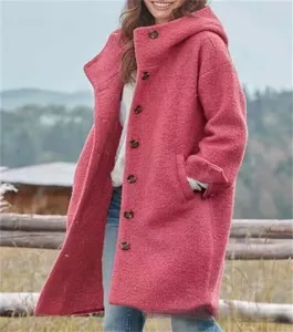 Women's casual pink hooded coat winter long sleeve single-breasted outerwear detail view
