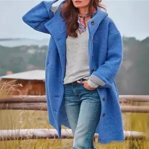 Women casual loose hooded wool blend coat autumn winter long sleeves stylish outerwear jacket