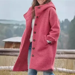 Women's casual hooded wool blend coat winter warm button down long jacket outerwear