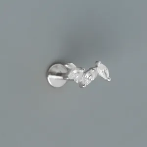 Detail view of S925 sterling silver labret stud with marquise cubic zirconia leaves