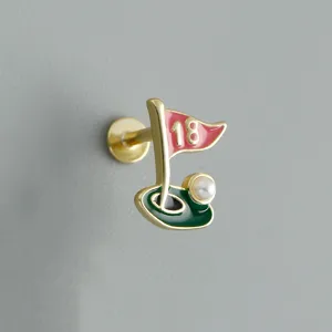 Orecchino a perno bandiera golf retro piatto argento sterling 925 smalto colorato perla.