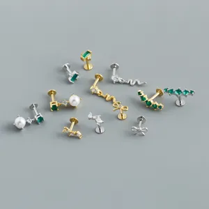 Collection of S925 sterling silver stud earrings with green zircon and pearls