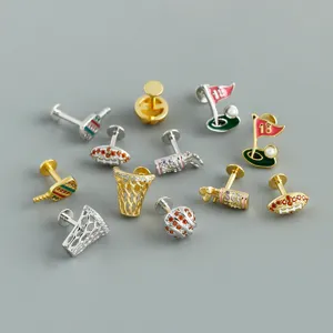 Tema sportivo argento sterling 925 zircone cubico retro piatto labret orecchini set.