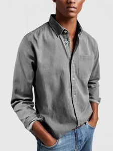 Graues Herren Langarm Freizeithemd aus Baumwolle mit Brusttasche und Knopfleiste casual.