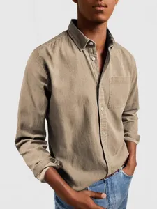 Herren Langarm Hemd Khaki Freizeithemd Revers Baumwolle Leinen Oberteil Frühling Alltag