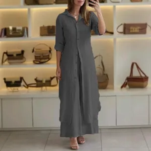 Casual loose two-piece women's outfit with long lapel shirt and trousers in dark grey.